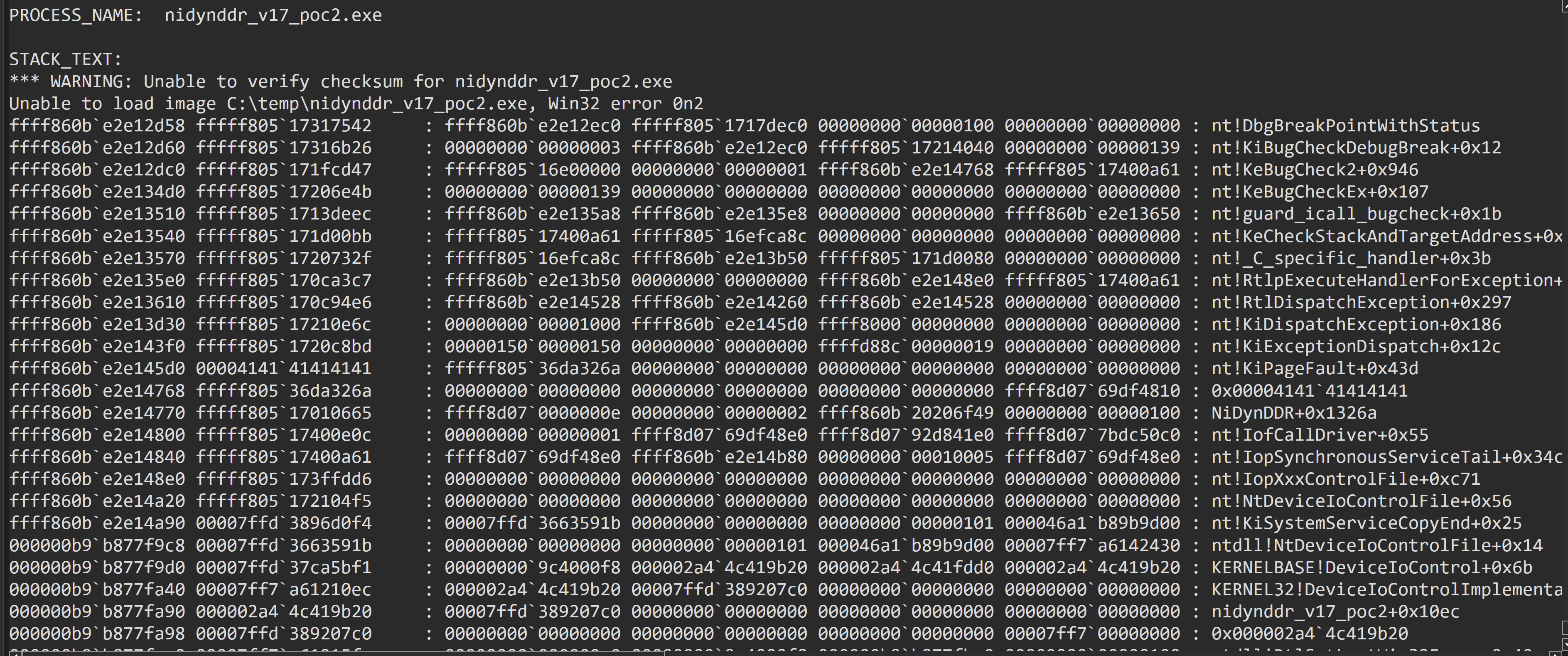 WinDbg crash stack for nidynddr_v17_poc2.exe with KiBugCheck2 argument 0x139, nt!guard_icall_bugcheck, nt!KeCheckStackAndTargetAddress, and 0x0000414141414141 above NiDynDDR+0x1326a