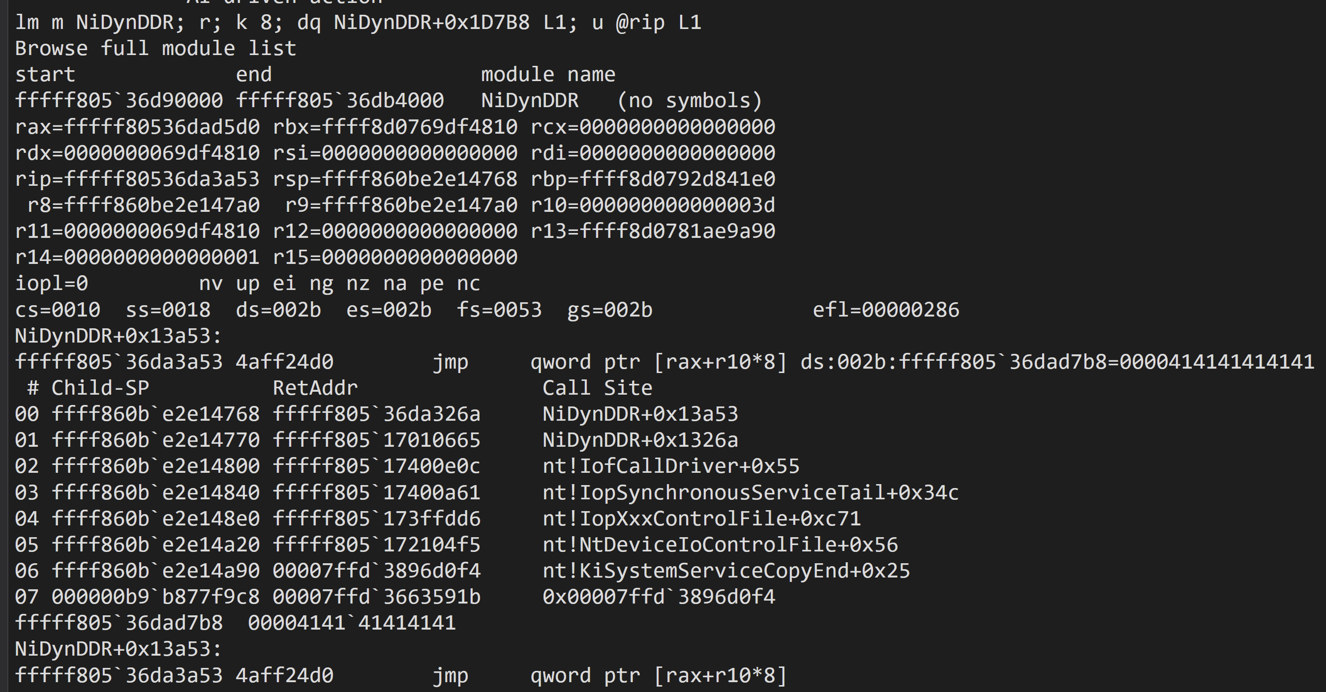 WinDbg paused at NiDynDDR+0x13A53 with rax at NiDynDDR+0x1D5D0, r10 equal to 0x3d, and the qword at NiDynDDR+0x1D7B8 equal to 0x0000414141414141